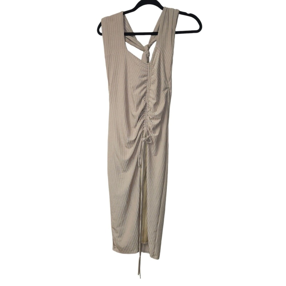 Blanc Clothing Dress Womens Size M Tan Ruched Midi Sleeveless Ribbed Bodycon